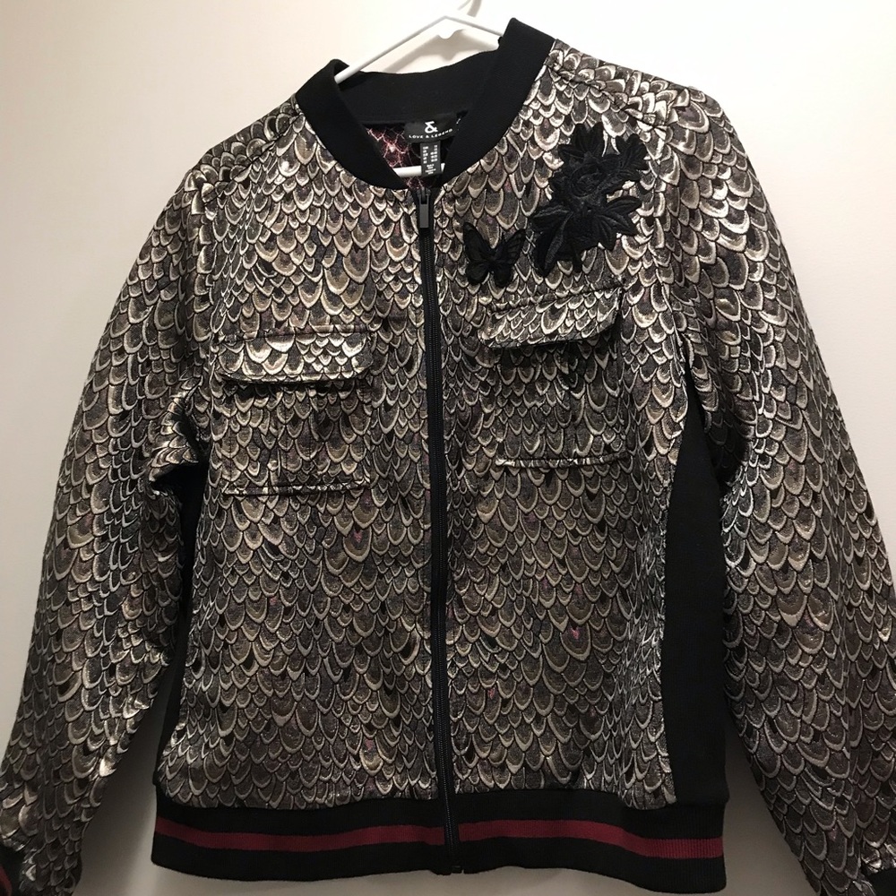 Gold embellished, feather printed Bomber Jacket